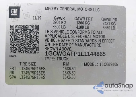 2020 Chevrolet Express Cargo Rwd 2500 Regular Wheelbase Wt из США, поврежденный, VIN 1GCWGAFP1L1144865